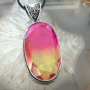 New Faceted Sim Yellow & Pink Bi-Color Tourmaline Silver Pendant Necklace w Cord